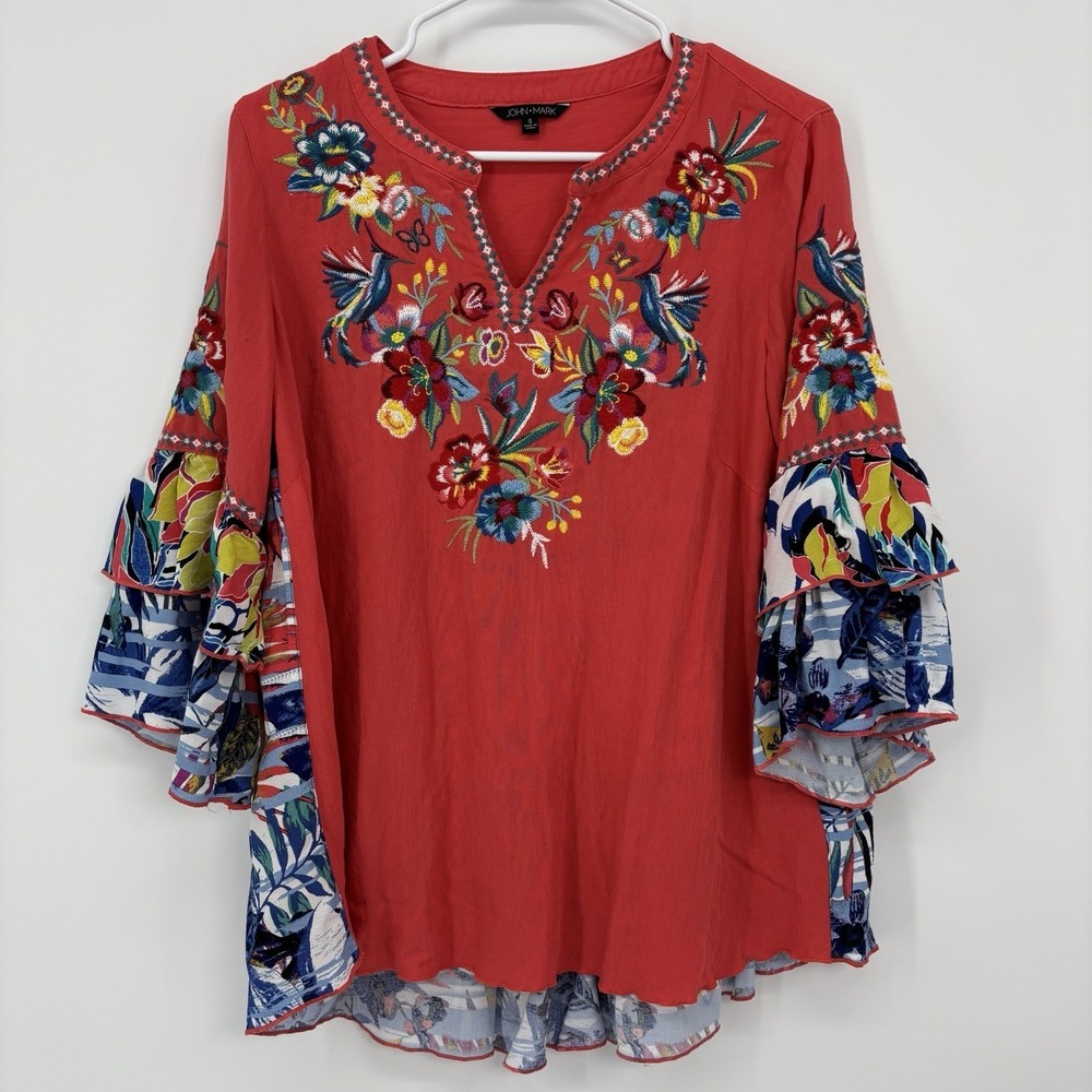 John Mark Womens Small Tropical Floral Embroidered Tunic Ruffle Tiered Sleeves
